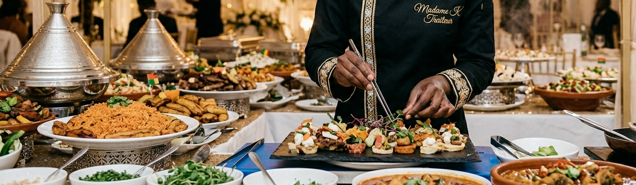 Traiteur cuisine africaine fusion AFRO-CHIC préparant des pièces cocktails pour buffet événementiel - Madame K Traiteur